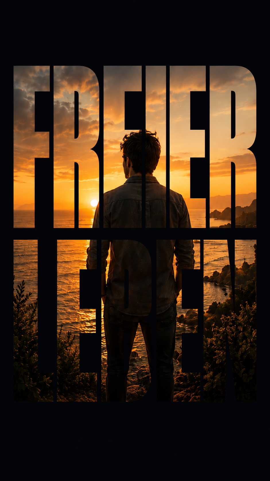 Typografie „Freier leben“ mit einem Menschen am Meer im Sonnenuntergang