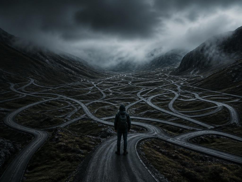 Dunkle Landschaft mit vielen verschlungenen Wegen